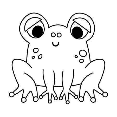 Vector black and white frog. Funny woodland swamp animal. Cute forest line illustration for kids isolated on white background. Outline sitting toad iconのイラスト素材
