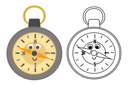 Vector kawaii compass colored and black and white illustration. Camping or hiking equipment picture for kids. Orienteering device for forest tourism or traveling. Cute coloring pageのイラスト素材