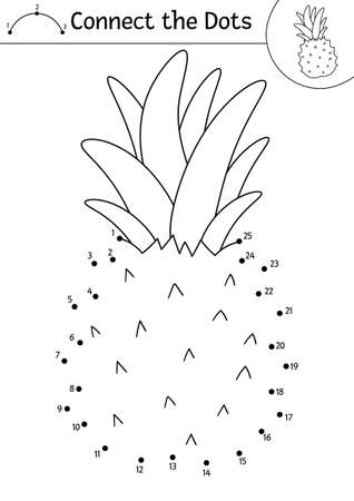 Vector dot-to-dot and color activity with pineapple. Summer connect the dots game for children with funny exotic fruit. Tropical coloring page for kids.のイラスト素材
