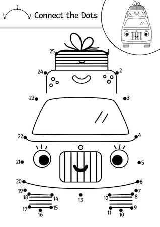 Vector camping dot-to-dot and color activity with cute kawaii tourist van with suitcases. Summer camp connect the dots game for children with car. Funny adorable road trip coloring page for kids.のイラスト素材
