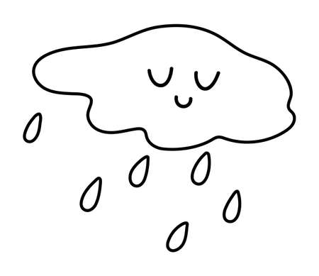 Cute black and white smiling cloud with rain drops. Vector outline autumn weather character isolated on white background. Fall season kawaii line icon for print, sticker, postcard.のイラスト素材