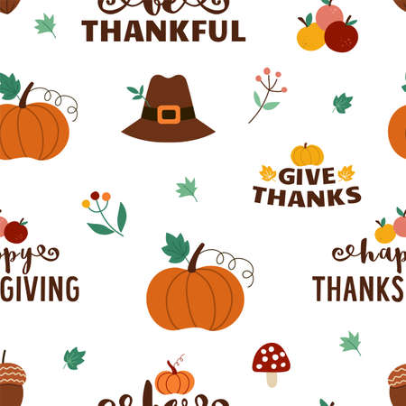 Thanksgiving Day seamless pattern with phrases. Vector autumn repeat background with traditional harvest symbols and lettering. Be thankful, give thanks, happy Thanksgiving digital paper.のイラスト素材