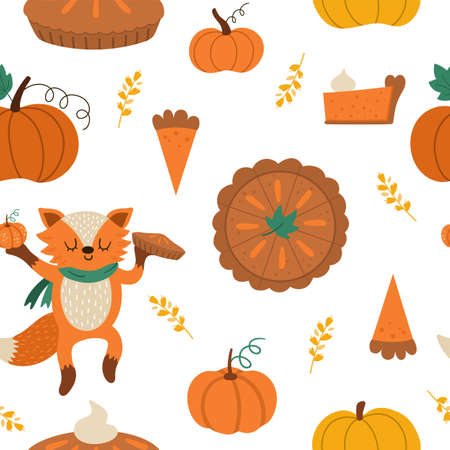 Vector Thanksgiving seamless pattern with traditional pumpkin pie. Autumn repeat background with dessert, cooks and waiter. Cute funny digital paper with fall holiday meal, fox and pilgrim wife.のイラスト素材