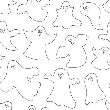 Vector black and white seamless pattern with vector ghosts. Outline Halloween party repeat background with funny spooks. Scary digital paper for Autumn Samhain partyのイラスト素材