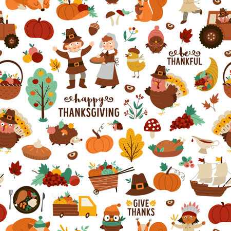 Vector Thanksgiving seamless pattern. Autumn repeat background with funny pilgrims, native American, turkey, animals, harvest, cornucopia, pumpkins, trees. Fall holiday digital paperのイラスト素材