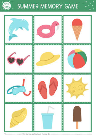 Summer memory game cards with cute beach objects. Matching activity with dolphin, sunglasses, ball, ice-cream. Remember and find correct picture card. Simple sea vacations printable worksheet for kids.のイラスト素材