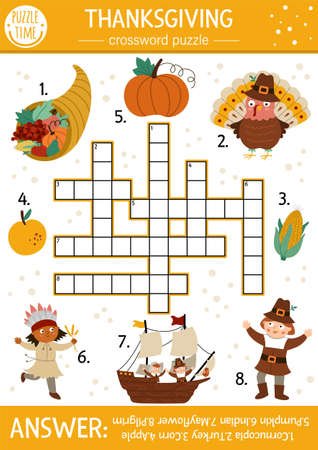 Vector Thanksgiving crossword puzzle for kids. Simple autumn quiz with traditional symbols for children. Educational activity with turkey, pilgrim, pumpkin, native American. Fall holiday cross word.のイラスト素材
