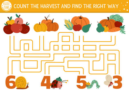 Thanksgiving Day maze for children. Autumn holiday preschool printable counting activity. Fall labyrinth game or math puzzle with cute vegetables, insects. Count harvest and fond the right wayのイラスト素材