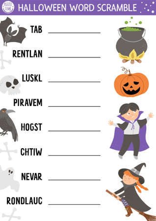 Vector Halloween word scramble activity page. English language game with cute witch, lantern, vampire for kids. Autumn Fall holiday family quiz. Simple educational printable worksheet.のイラスト素材