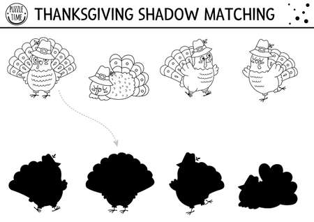 Thanksgiving black and white shadow matching activity with cute turkeys. Autumn holiday line puzzle with traditional birds. Find the correct silhouette printable worksheet coloring pageのイラスト素材