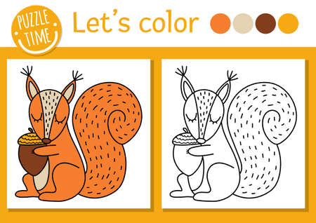 Forest coloring page for children with squirrel. Vector autumn holiday outline illustration with cute animal. Woodland color book for kids with colored example. Drawing skills printable worksheetのイラスト素材
