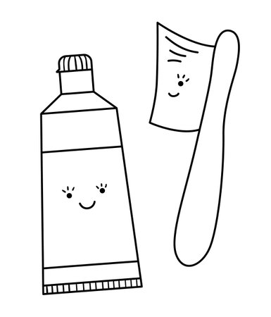 Black and white kawaii toothbrush and toothpaste line icon or coloring page. Funny vector tooth care tool. Cute outline element for cleaning teeth. Dentistry equipment illustrationのイラスト素材