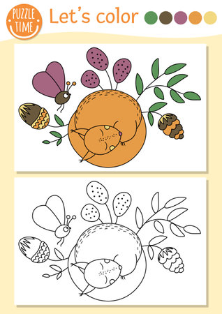 Woodland coloring page for children with sleeping fox, cone. Vector forest outline illustration with cute animal. Adorable color book for kids with colored example. Drawing printable worksheetのイラスト素材