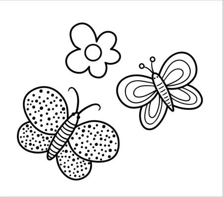 Vector black and white butterflies and flower illustration. Cute spring or summer line icon. Coloring page for kids with insect and plantのイラスト素材