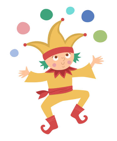 Fairy tale vector buffoon with colored balls. Fantasy juggler in funny hat isolated on white background. Fairytale court yard character. Cartoon magic iconのイラスト素材