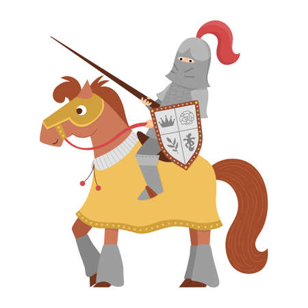 Fairy tale knight on a horse. Fantasy armored warrior isolated on white background. Fairytale soldier in helmet with sword, shield, chain mail. Cartoon icon with medieval character and weapon.のイラスト素材