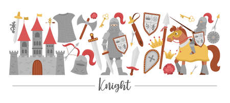 Vector horizontal border set with cute fairy tale knight armor. Fairytale card template design with fantasy armored warrior and castle. Medieval soldier border with sword, shield, horse, crownのイラスト素材
