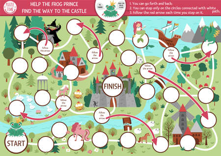Fairytale dice board game for children with medieval village map. Magic kingdom boardgame. Fairy tale activity or printable worksheet for kids. Help the frog prince find the way to the castleのイラスト素材
