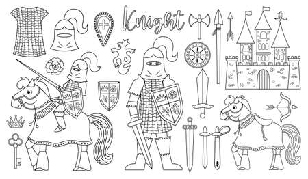 Fairy tale black and white knight armor collection. Big vector line set with fantasy armored warrior and castle. Fairytale soldier pack or coloring page with sword, shield, horse, crown, chain mailのイラスト素材