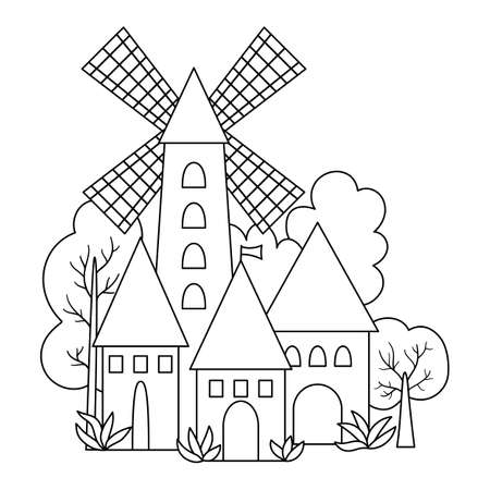Vector coloring page Medieval village icon with windmill. Magic kingdom picture. Stone, wooden building coloring page. Countryside with towers, houses, trees. Fairy tale country townのイラスト素材