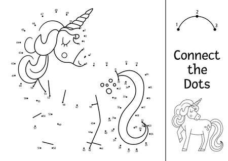 Vector dot-to-dot and color activity with cute unicorn. Magic kingdom connect the dots game for children with fantasy creature. Fairy tale coloring page for kids. Printable worksheetのイラスト素材