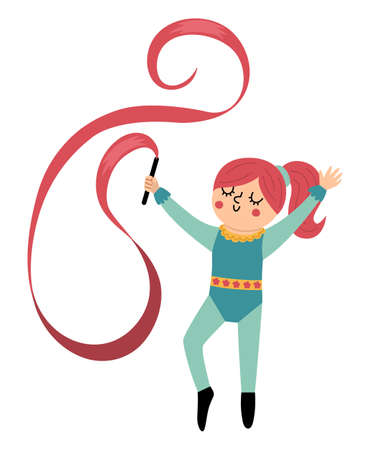 Vector gymnast girl with ribbon. Cute funny acrobat. Circus or sport artist clipart. Amusement holiday icon. Festival character clip art. Tightrope walker illustrationのイラスト素材