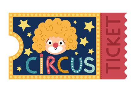 Vector circus ticket icon. Amusement park pass clipart isolated on white background. Cute funny street festival entrance card. Street show admission coupon illustration with clown faceのイラスト素材