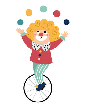 Vector clown icon. Circus artist clipart. Amusement holiday man on a wheel juggling balls. Cute funny festival character clip art. Street show comedian juggler illustrationのイラスト素材
