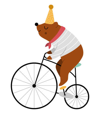 Bear riding a bike. Vector circus animal. Amusement holiday icon. Cute funny festival character clip art. Street show comedian illustrationのイラスト素材