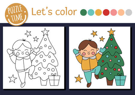 Christmas coloring page for children. Cute funny boy, decorated fir tree, present. Vector winter holiday outline illustration. New Year party color book for kids with colored exampleのイラスト素材