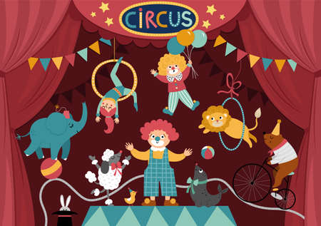 Vector circus stage with red curtains, artists, clown, animals. Street show scene with cute characters. Flat festival background. Holiday event or entertainment show card designのイラスト素材