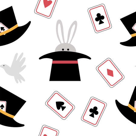 Vector circus or magical illusionist show seamless pattern. Repeat background with magician hat, playing cards, doves. Wizard or juggler equipment digital paperのイラスト素材