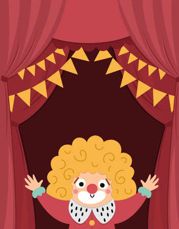 Vector circus stage with red curtains, flags, clown and place for text. Vertical concert scene background. Flat hall decoration. Holiday event or entertainment show presentation or card designのイラスト素材