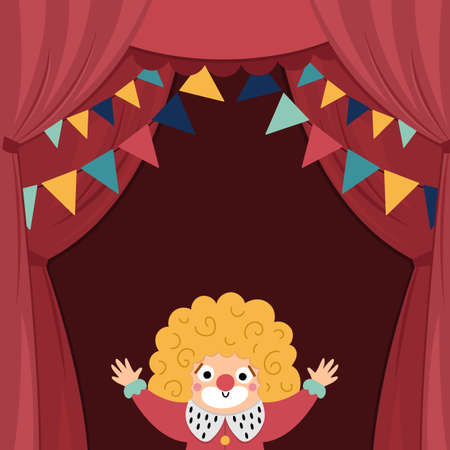 Vector circus stage with red curtains, flags, clown and place for text. Square concert scene background. Flat hall decoration. Holiday event or entertainment show presentation or card designのイラスト素材