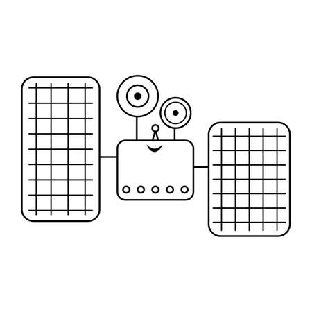 Vector black and white satellite illustration for children. Outline smiling technics icon isolated on white background. Space exploration coloring page for kids.のイラスト素材