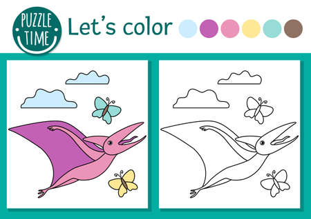 Prehistoric coloring page for children. Cute funny scene with pterodactyl, nest with eggs, clouds. Vector Jurassic period outline illustration. Dino color book for kids with colored exampleのイラスト素材