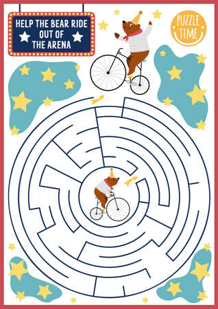Circus maze for kids with bear on bicycle. Amusement show preschool printable activity with cute animal performer on bike. Entertainment festival labyrinth game or puzzleのイラスト素材