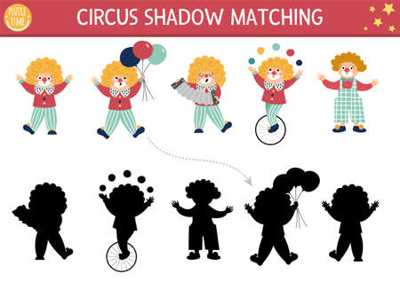 Circus shadow matching activity with cute clowns. Amusement show puzzle with funny characters. Find correct silhouette printable worksheet or game. Entertainment festival page for kidsのイラスト素材
