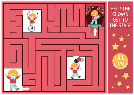 Circus maze for kids with clown going to the stage. Amusement show preschool printable activity with cute artist or performer. Entertainment festival labyrinth game or puzzleのイラスト素材