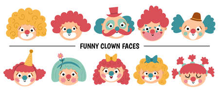 Vector set with clown faces. Circus artists avatars clipart. Amusement holiday icons pack. Cute funny festival characters clip art. Street show comedians illustrationのイラスト素材