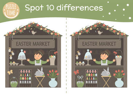 Easter find differences game for children. Holiday activity page with market stall, bunny, colored eggs. Printable worksheet with cute happy character. Spring puzzle for kidsのイラスト素材