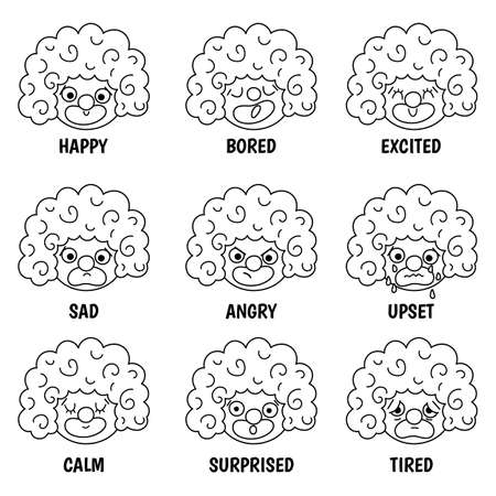 Vector black and white set with clown faces showing feelings and emotions. Circus line artists avatars clipart. Amusement heads icons. Festival characters coloring page. Street show comediansのイラスト素材