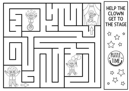 Circus black and white maze for kids with clown going to the stage. Amusement show preschool line printable activity with cute artist or performer. Entertainment labyrinth coloring pageのイラスト素材