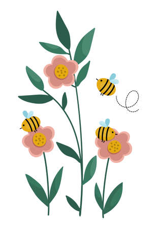 Vector flowers with bees. Funny illustration with bumblebees pollinating plants. Honey insects with greenery icon.のイラスト素材