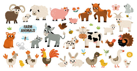 Big vector farm animals set. Big collection with cow, horse, goat, sheep, duck, hen, pig and their babies. Country birds illustration pack. Cute mother and baby icons. Rural themed nature collectionのイラスト素材