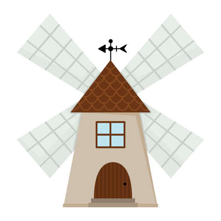 Vector windmill icon isolated on white background. Flat wind mill illustration. Cute farm house for...