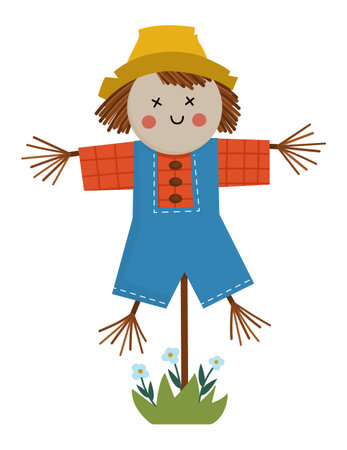 Vector scarecrow isolated on white background. Flat spring garden bugaboo illustration. gardening equipment icon. Farm scary puppet on pole pictureのイラスト素材