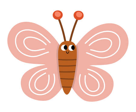 Vector flat pink butterfly icon. Adorable farm picture. Funny woodland, forest or garden insect. Cute bug illustration for kids isolated on white backgroundのイラスト素材