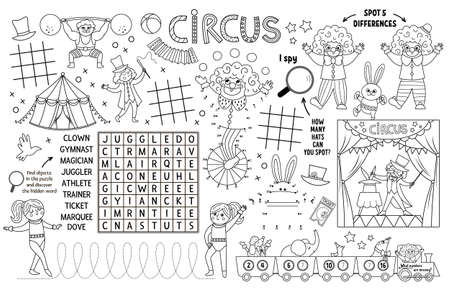 Vector circle placemat for kids. Amusement show printable activity mat with maze, tic tac toe charts, connect the dots, find difference. Black and white play mat or coloring page with clownのイラスト素材