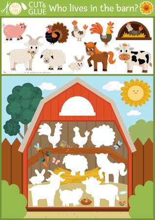 Vector on the farm cut and glue activity. Crafting game with cute farm animals and birds in the barn. Fun printable worksheet. Find the right piece of the puzzle. Complete the picture. Who is missing gameのイラスト素材